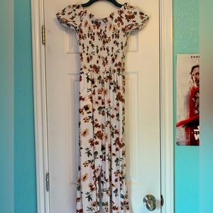 White Off the shoulder Jumpsuit Romper with flowers (has pockets)
